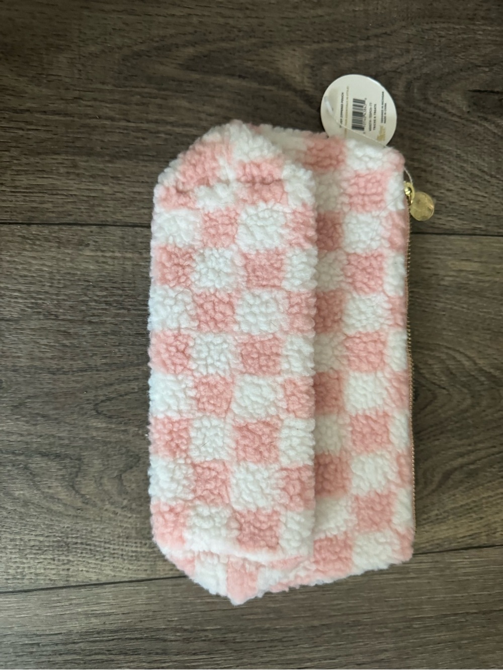 Pink Check Plush Cosmetic Pouch with Orange Lettering - Picture 3 of 5